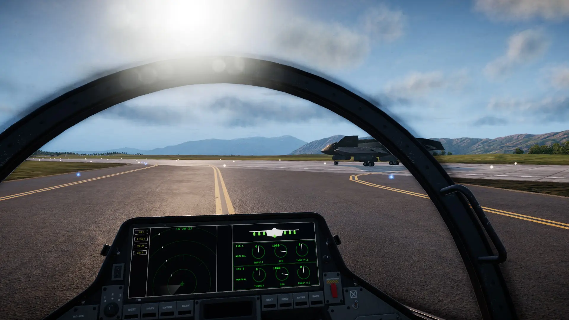 Cockpit view of the TA-30 jet while on the ground taxiing, while a SFB-81 Darkreach is taking off from the runway